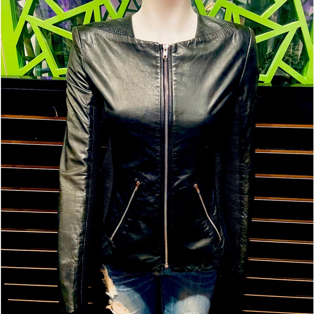 Theyskens’ Theory Dark Gray Leather Jacket w/ Ribbed Side and Under-Sleeves